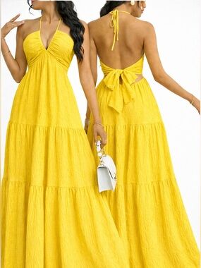Yellow Halter Tie-Back Maxi Dress